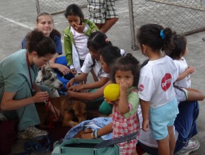 Kids watching volunteers Michaela and Liz with dogs in recovery (Bellavista)